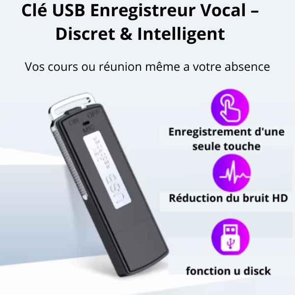 VoiceKey Pro™ - Clé USB Enregistreur Intelligent 48 kHz, 8gb : Autonomie en veille de 16 heures Pour Réunions, Cours et Surveillance Discrète 🇨🇫